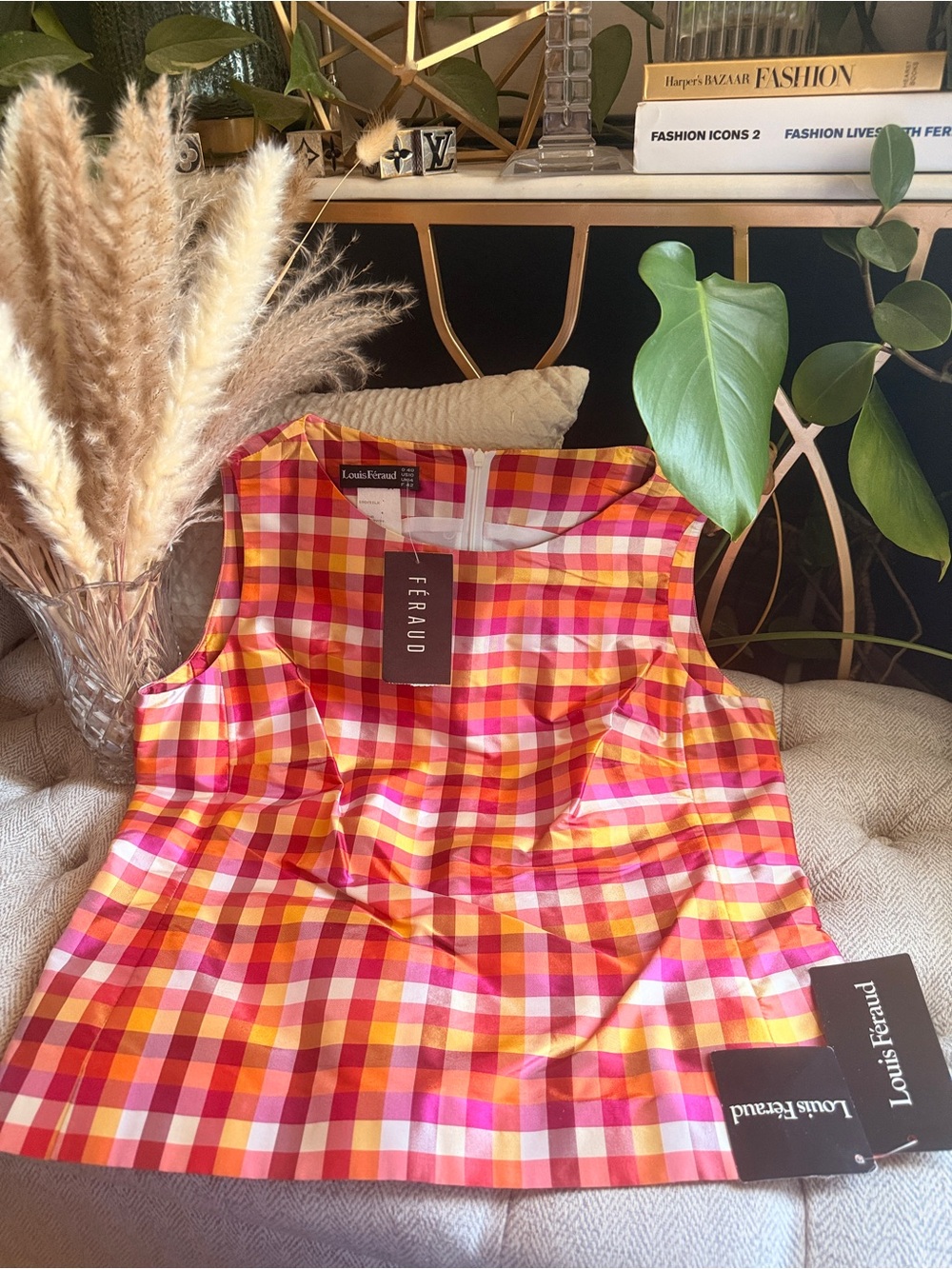 NEW with tags Louis Feraud Pink Orange Plaid Sleeveless 100% Silk Women’s Top